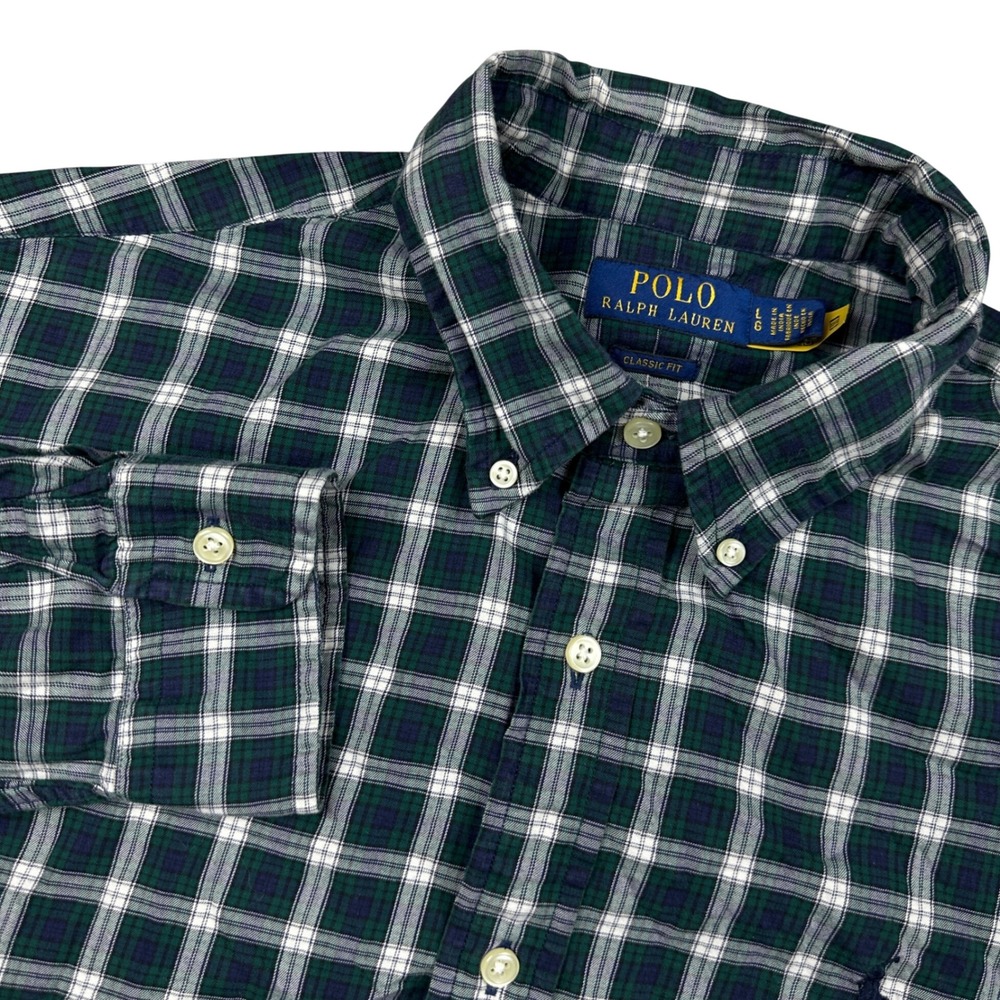 Polo Ralph Lauren Mens Green Plaid Button Down Shirt Classic Fit Cotton Large L